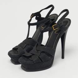 مملوكة مسبقًا Saint Laurent Black Python Leather Tribute Ankle Strap Sandals Size 38