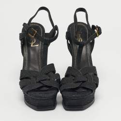 مملوكة مسبقًا Saint Laurent Black Python Leather Tribute Ankle Strap Sandals Size 38