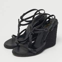 Pre Owned Saint Laurent Black Leather Tribute Wedge Espadrille Sandals Size 39.5