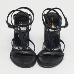 Pre Owned Saint Laurent Black Leather Tribute Wedge Espadrille Sandals Size 39.5