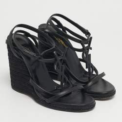 Pre Owned Saint Laurent Black Leather Tribute Wedge Espadrille Sandals Size 39.5