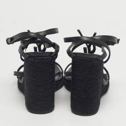 Pre Owned Saint Laurent Black Leather Tribute Wedge Espadrille Sandals Size 39.5