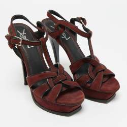 Pre Owned صندل إيف سان لوران بلاتفورم جلد بيج وجلد سمك الراي مقاس 37