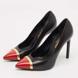 Pre Owned Saint Laurent Janis Size 35.5 Black/Red Leather Metal Trim Pointed Toe Pumps