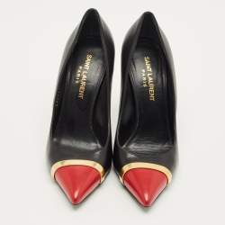 Pre Owned Saint Laurent Janis Size 35.5 Black/Red Leather Metal Trim Pointed Toe Pumps