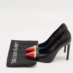 Pre Owned Saint Laurent Janis Size 35.5 Black/Red Leather Metal Trim Pointed Toe Pumps