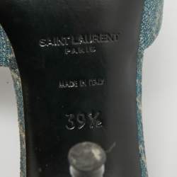 Pre Owned صندل سلايد ايف سان لوران مزين إبزيم حواف جلد تمساح بارز أصفر و كانفاس رصاصي مقاس 36.5