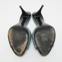 Pre Owned صندل سلايد ايف سان لوران مزين إبزيم حواف جلد تمساح بارز أصفر و كانفاس رصاصي مقاس 36.5