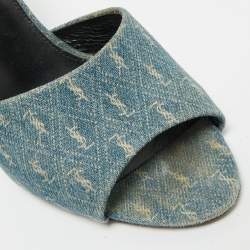 Pre Owned صندل سلايد ايف سان لوران مزين إبزيم حواف جلد تمساح بارز أصفر و كانفاس رصاصي مقاس 36.5