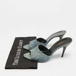 Pre Owned صندل سلايد ايف سان لوران مزين إبزيم حواف جلد تمساح بارز أصفر و كانفاس رصاصي مقاس 36.5