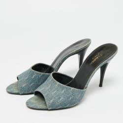 Pre Owned صندل سلايد ايف سان لوران مزين إبزيم حواف جلد تمساح بارز أصفر و كانفاس رصاصي مقاس 36.5