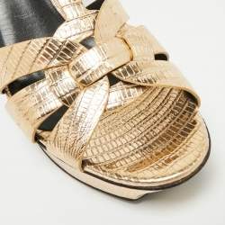 مملوكة مسبقًا Saint Laurent Tribute Size 41 Metallic Gold Lizard Embossed Leather Platform Sandals