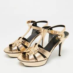 مملوكة مسبقًا Saint Laurent Tribute Size 41 Metallic Gold Lizard Embossed Leather Platform Sandals