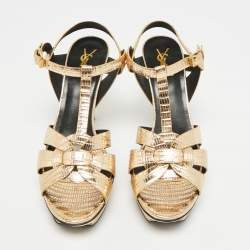 مملوكة مسبقًا Saint Laurent Tribute Size 41 Metallic Gold Lizard Embossed Leather Platform Sandals