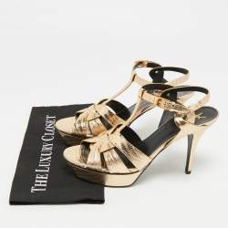 مملوكة مسبقًا Saint Laurent Tribute Size 41 Metallic Gold Lizard Embossed Leather Platform Sandals