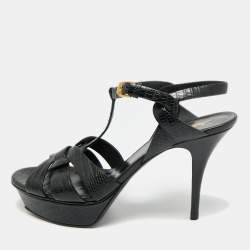 مملوكة مسبقًا صندل سان لوران تريبيوت جلد منقوش سحلية أسود نعال سميك مقاس 41.5