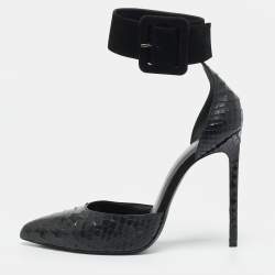 مملوكة مسبقًا حذاء كعب عالي سان لوران إسكاربين جلد بايثون أسود و سويدي بسوار للكاحل مقاس 39.5