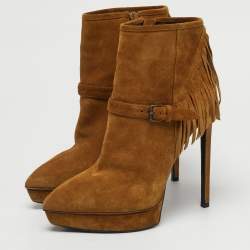 Pre Owned Saint Laurent Size 38 Brown Suede western fringe Platform Ankle Length Boots