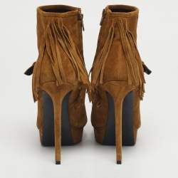 Pre Owned Saint Laurent Size 38 Brown Suede western fringe Platform Ankle Length Boots