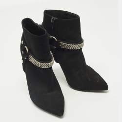 مملوكة مسبقًا Saint Laurent Harness Chain Size 37.5 Black Suede Ankle Length Boots