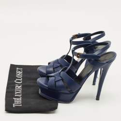مملوكة مسبقًا Saint Laurent Paris Tribute Size 37.5 Blue Leather Ankle Strap Sandals
