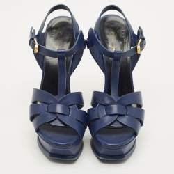 مملوكة مسبقًا Saint Laurent Paris Tribute Size 37.5 Blue Leather Ankle Strap Sandals