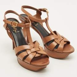 مملوكة مسبقًا Saint Laurent Tribute Size 37.5 Brown Leather Ankle Strap Sandals
