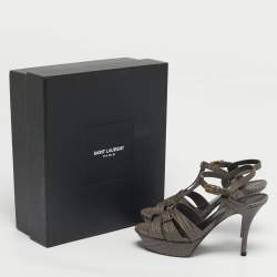 Pre Owned Saint Laurent Tribute Size 37 Grey Lizard Embossed Leather Platform Sandals