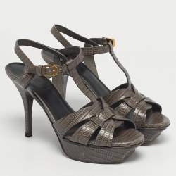 Pre Owned Saint Laurent Tribute Size 37 Grey Lizard Embossed Leather Platform Sandals