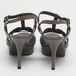 Pre Owned Saint Laurent Tribute Size 37 Grey Lizard Embossed Leather Platform Sandals