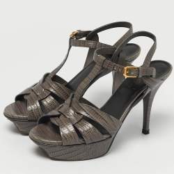 Pre Owned Saint Laurent Tribute Size 37 Grey Lizard Embossed Leather Platform Sandals