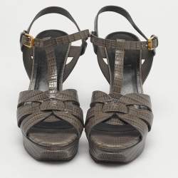 Pre Owned Saint Laurent Tribute Size 37 Grey Lizard Embossed Leather Platform Sandals