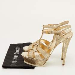 Pre Owned Saint Laurent Tribute Size 40.5 Metallic Gold Glitter Platform Sandals