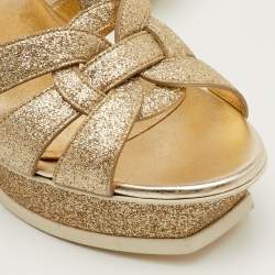 Pre Owned Saint Laurent Tribute Size 40.5 Metallic Gold Glitter Platform Sandals