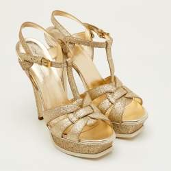 Pre Owned Saint Laurent Tribute Size 40.5 Metallic Gold Glitter Platform Sandals
