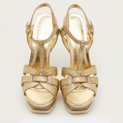 Pre Owned Saint Laurent Tribute Size 40.5 Metallic Gold Glitter Platform Sandals