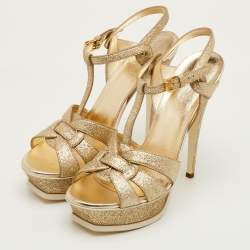 Pre Owned Saint Laurent Tribute Size 40.5 Metallic Gold Glitter Platform Sandals