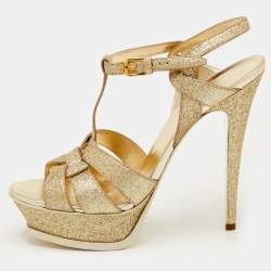 Pre Owned Saint Laurent Tribute Size 40.5 Metallic Gold Glitter Platform Sandals