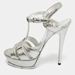 مملوكة مسبقًا Saint Laurent Paris Tribute Size 40 Silver Lizard Embossed Leather Platform Sandals