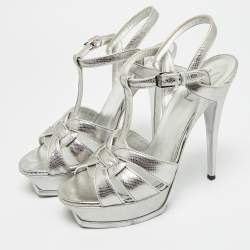 Pre Owned Saint Laurent Paris Tribute Size 40 Silver Lizard Embossed Leather Platform Sandals