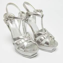 Pre Owned Saint Laurent Paris Tribute Size 40 Silver Lizard Embossed Leather Platform Sandals