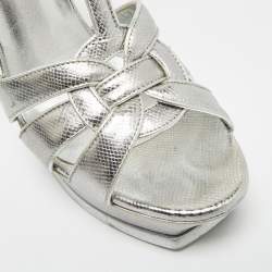 Pre Owned Saint Laurent Paris Tribute Size 40 Silver Lizard Embossed Leather Platform Sandals