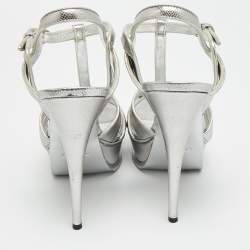 Pre Owned Saint Laurent Paris Tribute Size 40 Silver Lizard Embossed Leather Platform Sandals