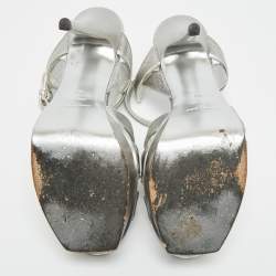 Pre Owned Saint Laurent Paris Tribute Size 40 Silver Lizard Embossed Leather Platform Sandals