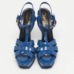 Pre Owned صندل إيف سان لوران تريبيوت جلد براءات لامع أزرق بحري نعل سميك مقاس 39