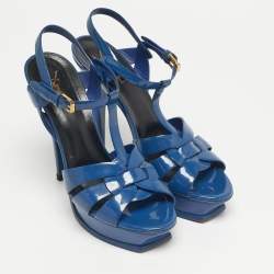 Pre Owned صندل إيف سان لوران تريبيوت جلد براءات لامع أزرق بحري نعل سميك مقاس 39