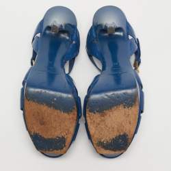 Pre Owned صندل إيف سان لوران تريبيوت جلد براءات لامع أزرق بحري نعل سميك مقاس 39