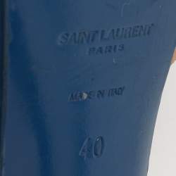 Pre Owned صندل إيف سان لوران تريبيوت جلد براءات لامع أزرق بحري نعل سميك مقاس 39