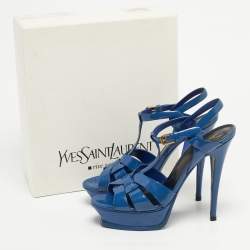 Pre Owned صندل إيف سان لوران تريبيوت جلد براءات لامع أزرق بحري نعل سميك مقاس 39