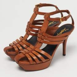 Pre Owned Saint Laurent  Size 38 Brown Leather Ankle Strap Sandals